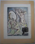 Zeichnung (Kohle, Blei, aquarelliert) , zwei weibliche Akte vor Spiegel