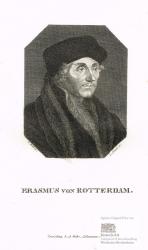 Erasmus von Rotterdam. Brustbild nach viertel rechts im Pelz mit Gelehrtenhut. Kupferstich von Staub nach dem Gemälde von Holbein im Oktagon um 1825