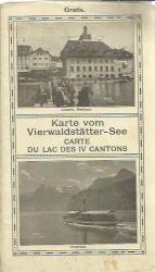 R035 Karte vom Vierwaldstätter-See carte du lac des IV cantons. RS mit Fotos und Fahrplan der Dampschiffe 1913/1914. 43 x 38 cm. Gefaltet: 19 x 11,5 cm. Gebrauchsspuren.