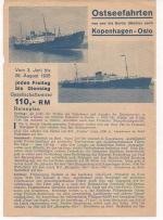 R213 Ostseefahrten von und bis Berlin (Stettin) nach Kopenhagen - Oslo. 1 Seite-Blatt. 21 x 14,5 cm.