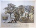 Dritte Ansicht des Gartens Neu Waldegg zu Dornbach. [Links unten Teich mit Schwänen, kl. Wasserfall im Hintergrund, rechts vorne chinesischer Turm, im Hintergrund kl. Pavillon auf Wiese, Bäume und Personengrüppchen]. Nach der Natur gezeichnet von L. Janscha. Gestochen von J. Ziegler. Altkolorierte Umrißradierung.