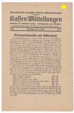 Krankenkasse deutscher Lehrer (Sitz Dortmund) - Kassen-Mitteilungen. Erschienen in zwangloser Folge. Herausgegeben vom Vorstand. Dortmund, den 1. April 1933, Nr. 2 (u.a. Beitragsrückgewähr und Risikoeinheit). Beitragsangaben innen in Reichsmark.