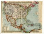 Landkarte Vereinigte Staaten, Mexico, Mittelamerika, Westindien - Farblithographie mit Keilschnitt-Passepartout