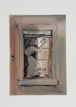 Fensterputz - (Gouache / 1950er Jahre, nicht signiert)