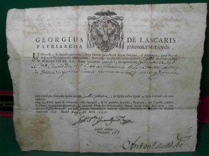 GEORGIUS DE LASCARIS - PATRIARCHA JEROSOLYMITANUS - Universis et singulis praesentes nostras litteras inspecturis fidem facimus, et attestamur, quod Nos […]