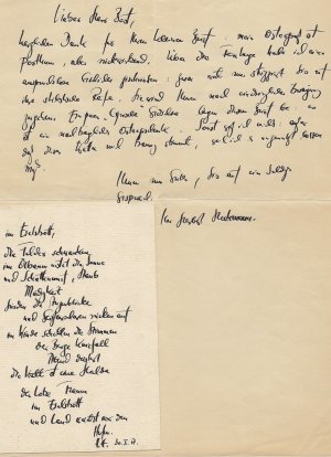 Autograph, eigenhändig geschriebener Brief mit voller Unterschrift, ein Gedicht eigenhändig geschrieben, 2 Blätter Gedicht mit Maschinenschrift