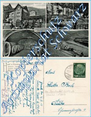 antiquarisches Buch – Cramers Kunstanstalt – Graach a. d. Mosel, Hotel Graacher Himmelreich, Besitzer: August Pauly, 4-Bidlkarte: Außenansicht, Terrasse, Weinkeller, Panorama, 1939, LK Bernkastel-Wittlich