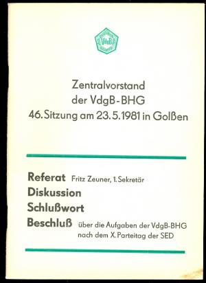 46 Sitzung Am 23 Zentralvorstand Der Vdgb Bhg Fritz Zeuner