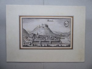 Aurach (Urach) Gesamtansicht mit Schloß. Kupferstich von Matthäus Merian.