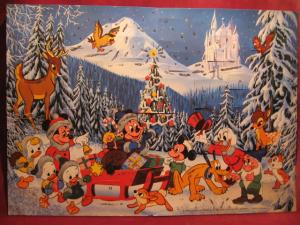 Adventskalender " Dagobert trifft Micky Maus mit Schlitten im Winterwald ".