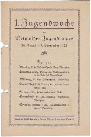 antiquarisches Buch – Detmolder Jugendring – 1. Jugendwoche des Detmolder Jugendringes. 28. August - 3. September 1922.