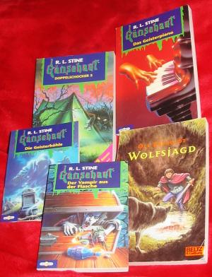 Jugendbuch-Paket.  5 x Spannung: Gänsehaut, Doppelschocker: Das Geisterpiano ; Der Gruselzauber/Nachts, wenn alles schläft ; Der Vampir aus der Flasche ; Die Geisterhöhle ; Wolfsjagd.