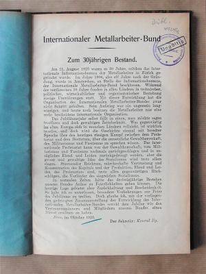 Internationaler Metallarbeiter-Bund 1893-1923. [Zum 30jährigen Bestand.]