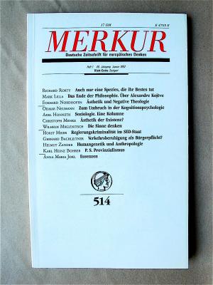 Merkur. Deutsche Zeitschrift für europäisches Denken. 514. 46. Jahrgang, Heft 1, Januar 1992.