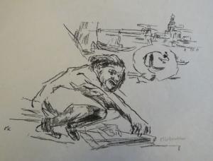 Stürzende Frau. Lithographie.