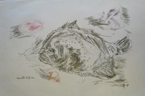 Urvater der Fische. Farbige Lithographie.