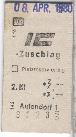 gebrauchtes Buch – Deutsche Bundesbahn – alte Edmondsche Fahrkarte IC Zuschlag Ausgabe 2. Kl. Aulendorf vom 8.Apr. 1980