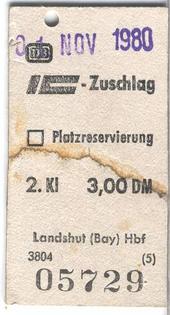 gebrauchtes Buch – Deutsche Bundesbahn – alte Edmondsche Fahrkarte IC Zuschlag Ausgabe Landshut - November 1980