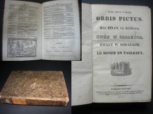 Orbis Pictus. Die Welt in Bildern. Königgrätz, J. H.Pospisil, 1833. * Mit 152 Textholzschnitten. * 2 Bl., XVI S., 454 S., 2 Bl. Marmor. Pp. d. Zt.