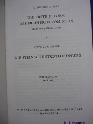 Die erste Reform des Freiherrn vom Stein (Edikt vom 9. Oktober 1807). Die Steinsche Städteordnung