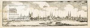 Nürnberg. Panorama-Ansicht mit Reiter, Wanderern und Flusslandschaft im Vordergrund. Kupferstich von Matthäus Merian um 1647