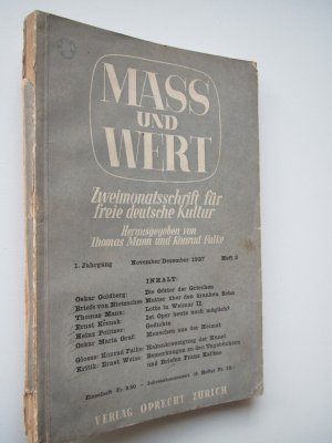 Mass und Wert. 1. Jahrgang. Heft 2. November/Dezember 1937. Zürich, Verlag Oprecht. 22,3 x 15 x 1 cm. S. 161 - 325, 1 Bl. Orig.-Brosch.