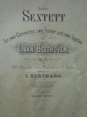 Erstes Sextett für zwei Clarinetten zwei Hörner und zwei Fagotten. Op. 71., Als Duo für zwei Pianoforte (2 Spieler) bearbeitet von C. Burchard. 2 Stimmhefte […]