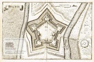 Vestung Driesen. Ansicht der Befestigungsanlagen an der Netze, links Neumark, rechts Polen aus der Vogelschau. Original-Kupferstich von Matthäus Merian […]