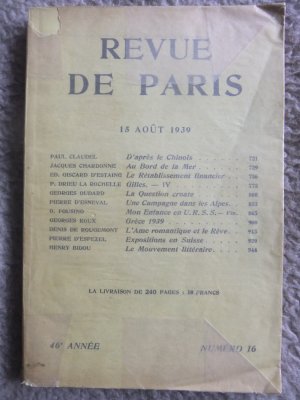 Revue de Paris. 15- aout 1939. 46 annee, numero 16