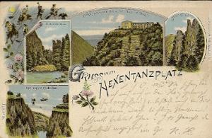 antiquarisches Buch – Gruss vom Hexentanzplatz Potpourriekarte mit 4 Bildern: Hotel Hexentanzplatz, 1450 Fuss ü. d. Mspgl., Kronentempel, Hirschgrund, Sprung ins Bodethal.