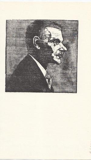 Porträt. Brustbild im Profil nach rechts. Holzschnitt von Werner Hofmann, Bildgröße: 10 x 10 cm, Blattgröße: 21 x 13 cm, 1966.