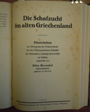 Die Schafzucht im alten Griechenland. Diss., Giessen. [in Sammelband mit 5 weiteren Werken]