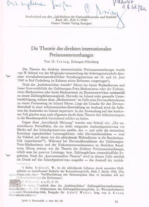 Otmar Issing. Eigenhändige Signatur auf einem Sonderdruck seines Aufsatzes "Die Theorie des direkten internationalen Preiszusammenhanges" 1968