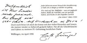 Schriftsteller (1895-1998): Eigenh. Widmung mit U. auf: Gedruckter Dankeskarte für Glückwünsche zu seinem 95. Geburtstag.