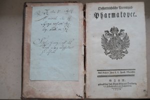 Oesterreichische Provinzial-Pharmakopee. Wien, gedruckt bey Joh. Thom. Edlen von Trattnern, 1776. * Mit Titlevign. (Wappen). * 5 Bl., 384 S., 9 Bl. Ldr […]