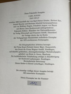 gebrauchtes Buch – Carl Knies – Das Geld - Darlegung der Grundlehren von dem Gelde, mit einer Vorerörterung über das Kapital und die Uebertragung der Nutzung