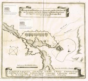 Grundtriß deß Veldtlägers bey Serenz, 1661, deß Hl. G.F.M. Lieten Graf von Starhenberg und deß Hl. Sousischen und Knüschen Regimentern 1663. Lägert sich in gleichem der Hl. Gene. Wachtmeister Graf von Strotzi hieher. Großer Schlachtenplan von Matthäus Merian nach Lucas Georg Ssicha aus dem "Theatrum Europaeum" 1672