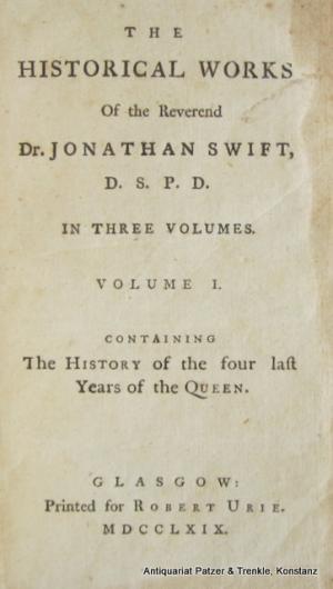 The Historical Works. 3 Bände. Glasgow, Urie, 1769. Kl.-8vo. Tit., X, 302 S.; Tit., 5 Bl., 272 S., 1 Bl.; Tit., 227 S. Braune Lederbände d. Zt. mit rotem […]