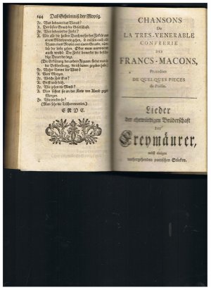 Chansons de la tres-Venerable Confrerie des Francs-Macons. Pecedees de quelques pieces de Poesie. Lieder der ehrwürdigen Bruderschaft der Freymaurer nebst […]