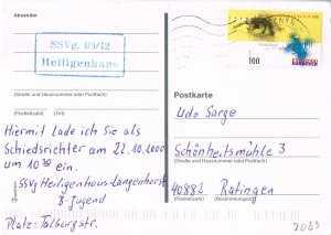 Postkarte: Weisse Rückseite (Schiedsrichtereinladung) / Briefmarke MiNr. 2089 Bundesrepublik Deutschland (Weltausstellung EXPO 2000, Hannover) (gelaufen)