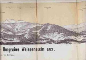 Panorama bei Regen von der Burgruine Weissenstein aus (Umschlagtext: Rundsicht von der Burchgruine Weissenstein bei Regen) Mehrfach gefaltete zweifarbige Lithographie.