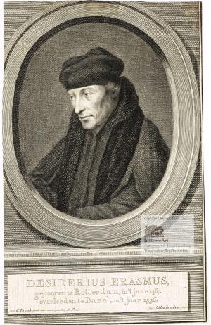 Desiderius Erasmus, gebooren te Rotterdam. Brustbild in Priestergewand mit Schal im Oval. Original-Kupferstich von Houbraken um 1740