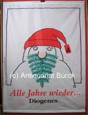 Alle Jahre wieder - Diogenes. Farbige Werbefahne mit Weihnachtsmann-Motiv und Texteindruck.