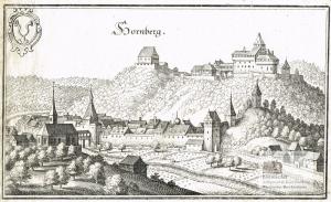 Hornberg. Ansicht der Stadt und Burg Hornberg im Schwarzwald. Kupferstich von Matthäus Merian um 1640