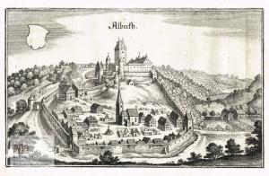 Albeckh. Ansicht der Stadt Albeckh in Schwaben mit Burg aus der Vogelschau, auf dem Marktplatz Trümmer zerstörter Häuser. Kupferstich von Matthäus Merian […]