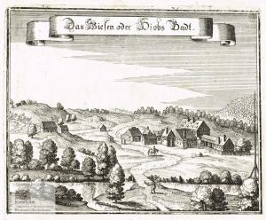 Das Wiesen oder Hiobs Badt. Ansicht des Thermalbads bei Annaberg im Erzgebirge. Kupferstich von Matthäus Merian um 1650