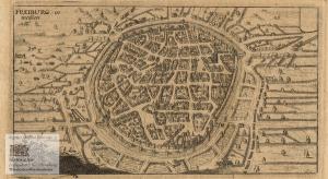 Freiburg in Meissen. Ansicht der Stadt Freiburg in Sachsen mit Stadtbefestigungen, Wassergräben und Stadttoren aus der Vogelschau. KUpferstich von Matthäus […]