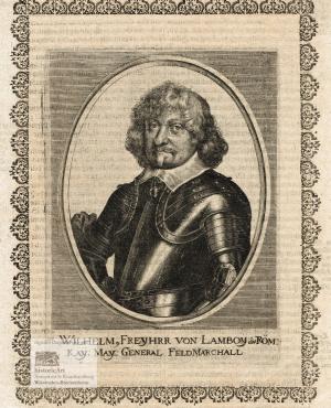 Wilhelm, Freyhrr [sic!] von Lamboy der Röm: Kay: May: General Feldmarchall. Halbfigur in voller Rüstung en face im Oval. Kupferstich von Matthaeus Merian […]