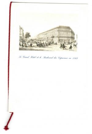 Le Grand Hotel Inter-Continental, Paris, Place de l'Opera. Menukarte Restaurant Opera. 21 Mars 1866, Apres le succès de "la vie Parisienne" Jacques Offenbach offre un souper au Grand Hotel. Nicht datiert, wohl aus der Zeit um 2000.