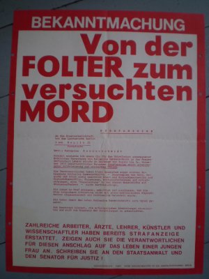 Bekanntmachung: Von der Folter zum versuchten Mord (Zur Inhaftierung von Katharina Hammerschmidt)(Plakat, Poster), 1974